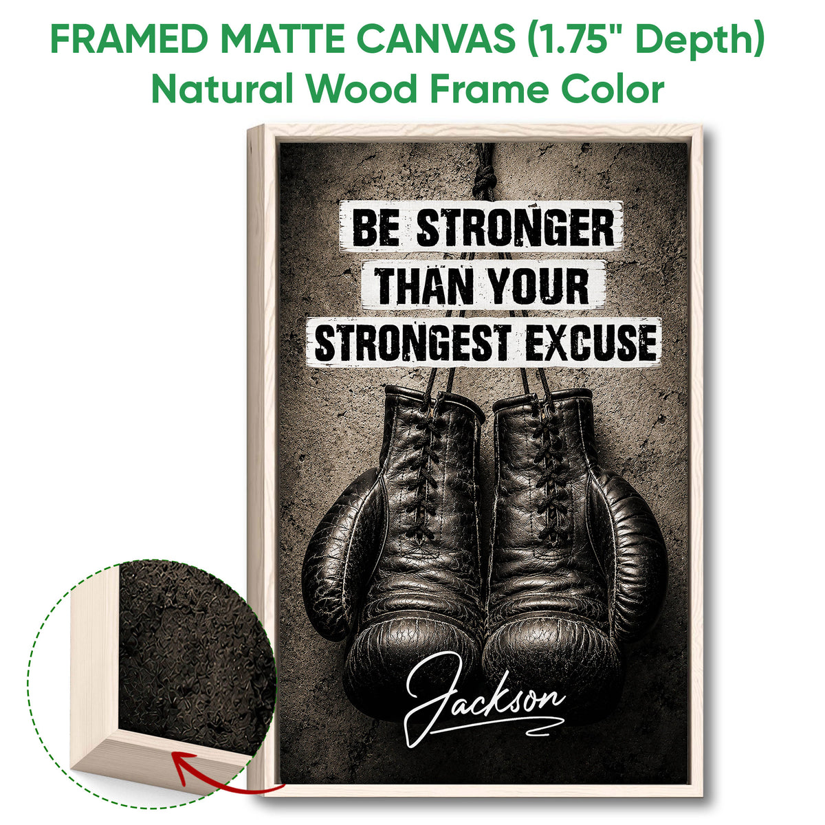 Framed matte canvas boxing wall art shown with a natural wood frame and close-up edge detail