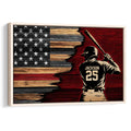 Framed baseball wall art featuring a batter against a rustic American flag wood design