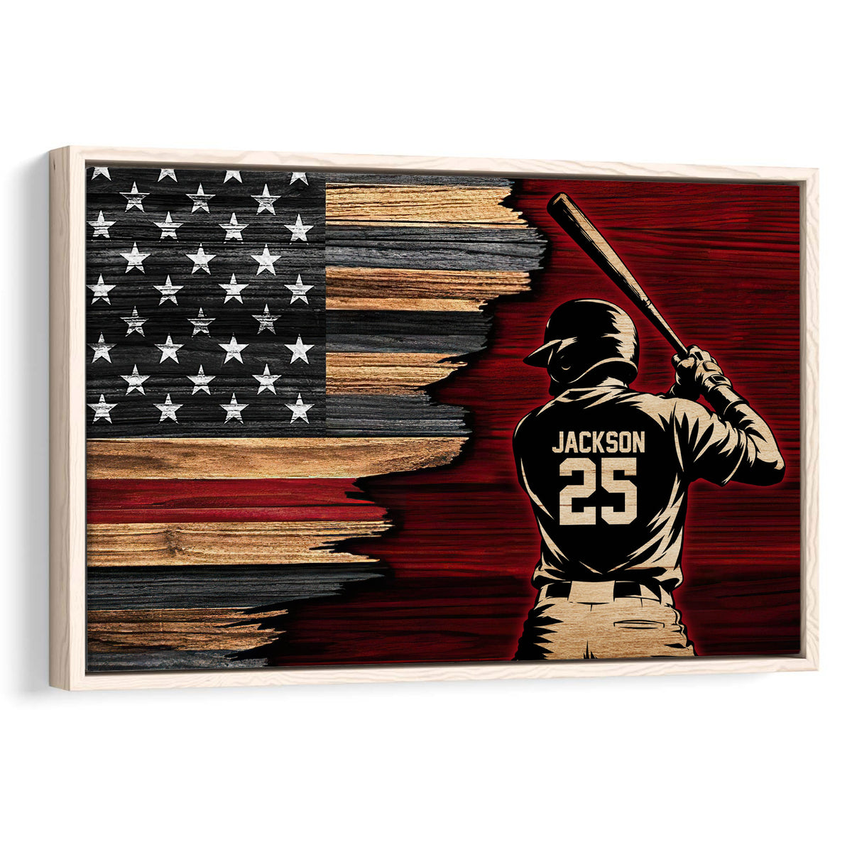 Framed baseball wall art featuring a batter against a rustic American flag wood design