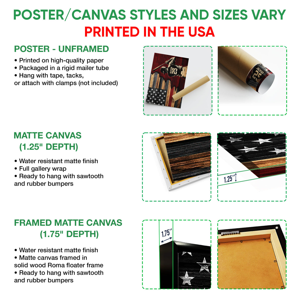 Baseball wall art option guide showing poster, matte canvas and framed canvas formats