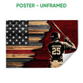 Unframed baseball poster featuring a batter and rustic American flag design in red, black and tan