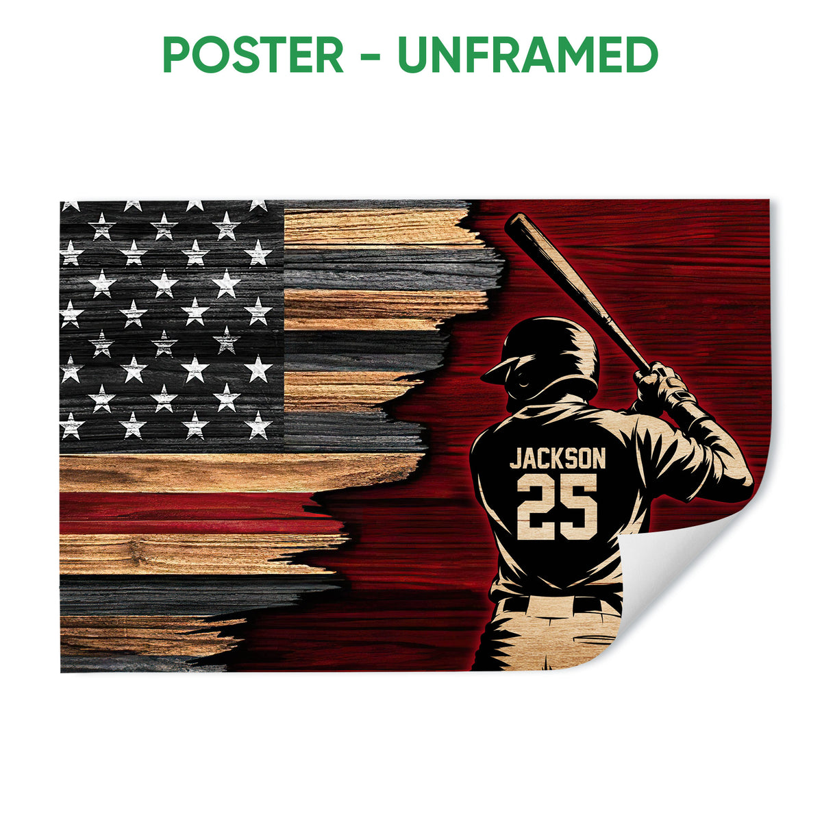 Unframed baseball poster featuring a batter and rustic American flag design in red, black and tan