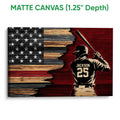 Matte canvas baseball wall art featuring a batter and distressed American flag artwork