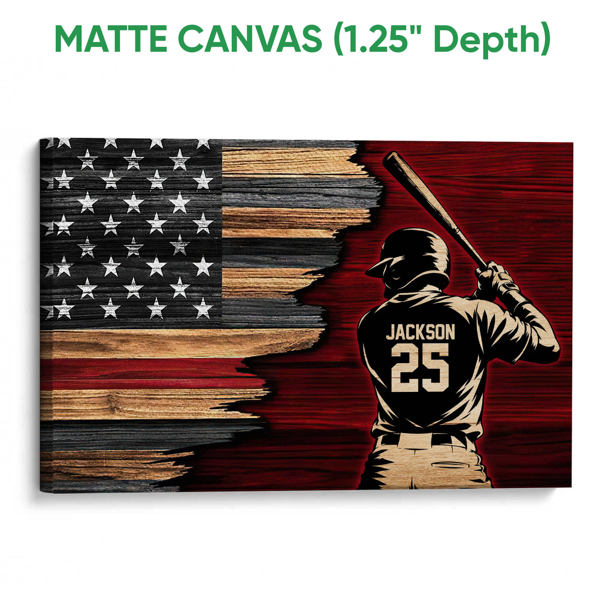 Matte canvas baseball wall art featuring a batter and distressed American flag artwork