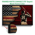 Black framed canvas baseball wall art with a batter and rustic red, black and tan design