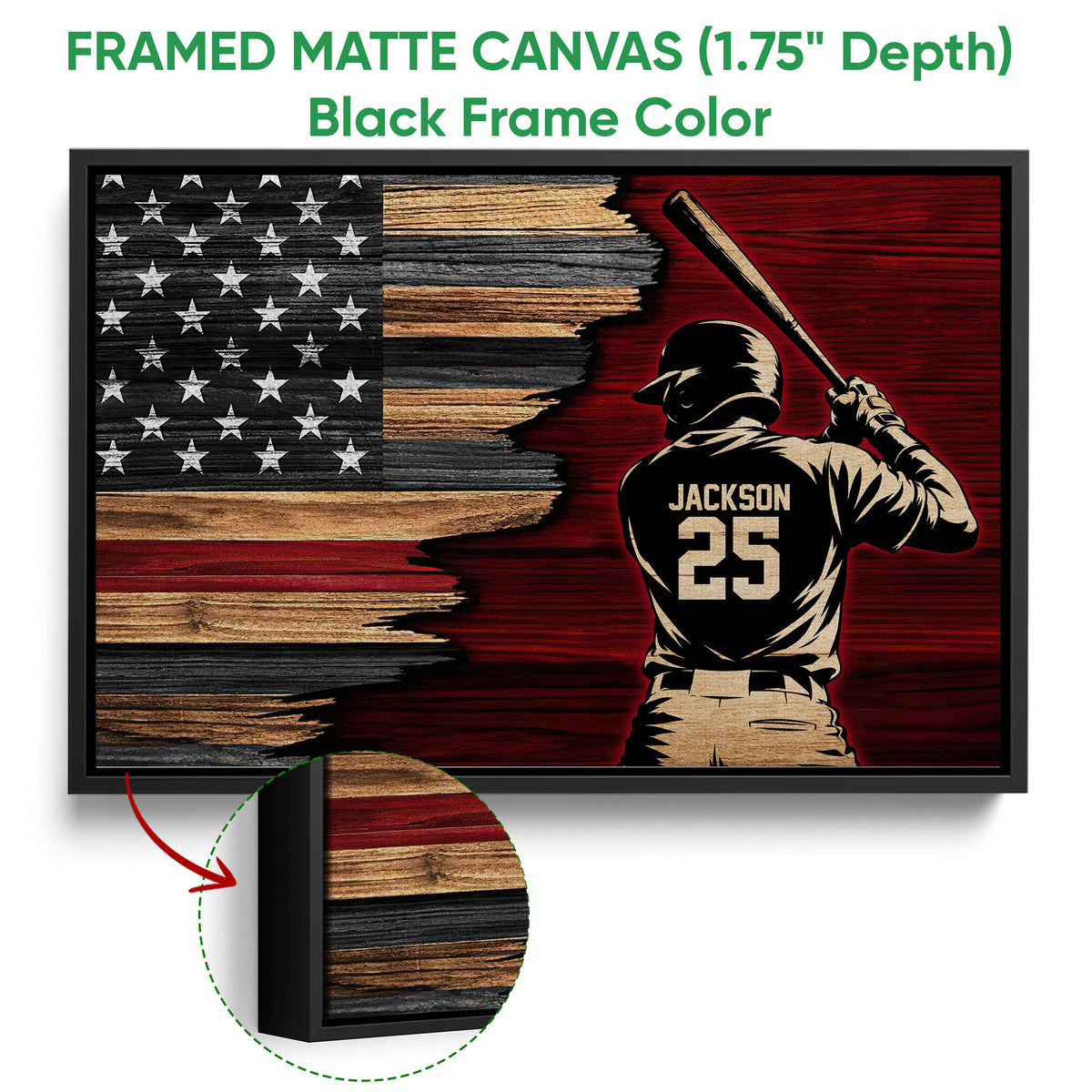 Black framed canvas baseball wall art with a batter and rustic red, black and tan design