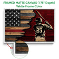 White framed canvas baseball wall art featuring a batter and distressed American flag artwork