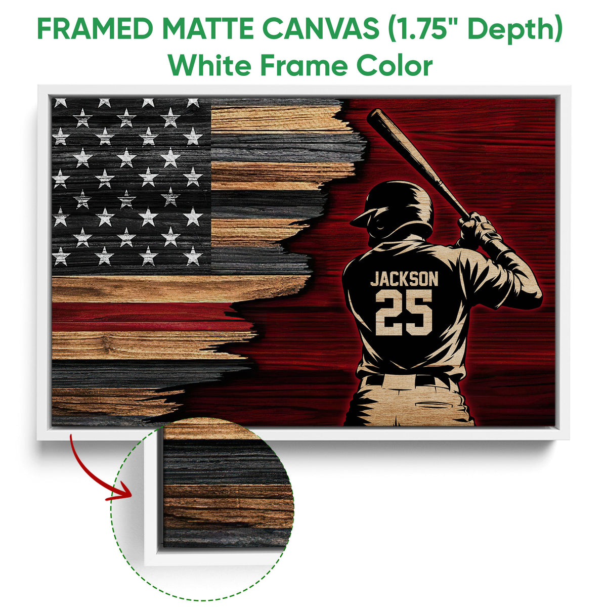 White framed canvas baseball wall art featuring a batter and distressed American flag artwork