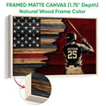 Natural wood framed baseball canvas featuring a batter and rustic American flag design
