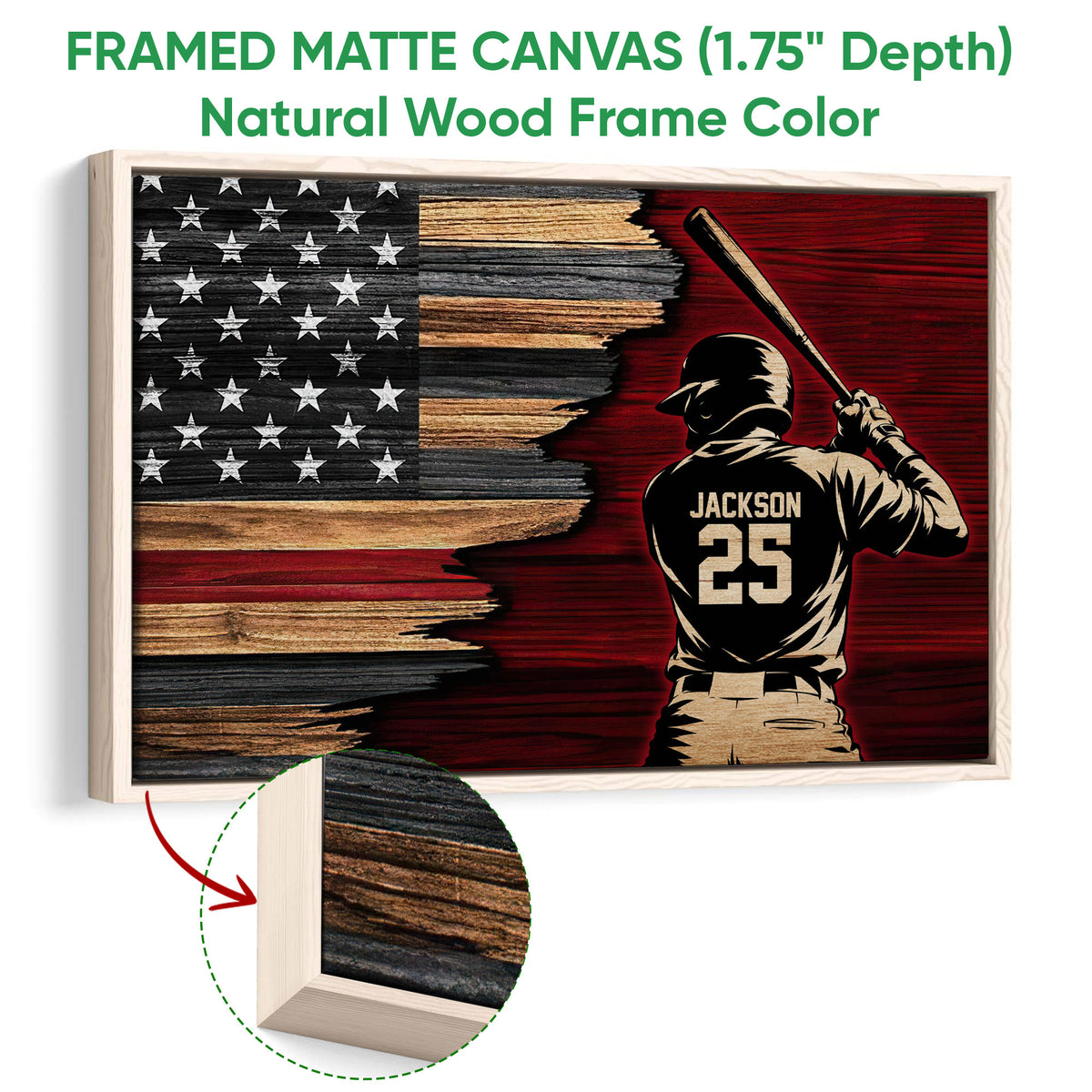 Natural wood framed baseball canvas featuring a batter and rustic American flag design