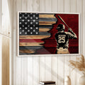 Framed baseball wall art displayed on a light wood-paneled wall in a home interior