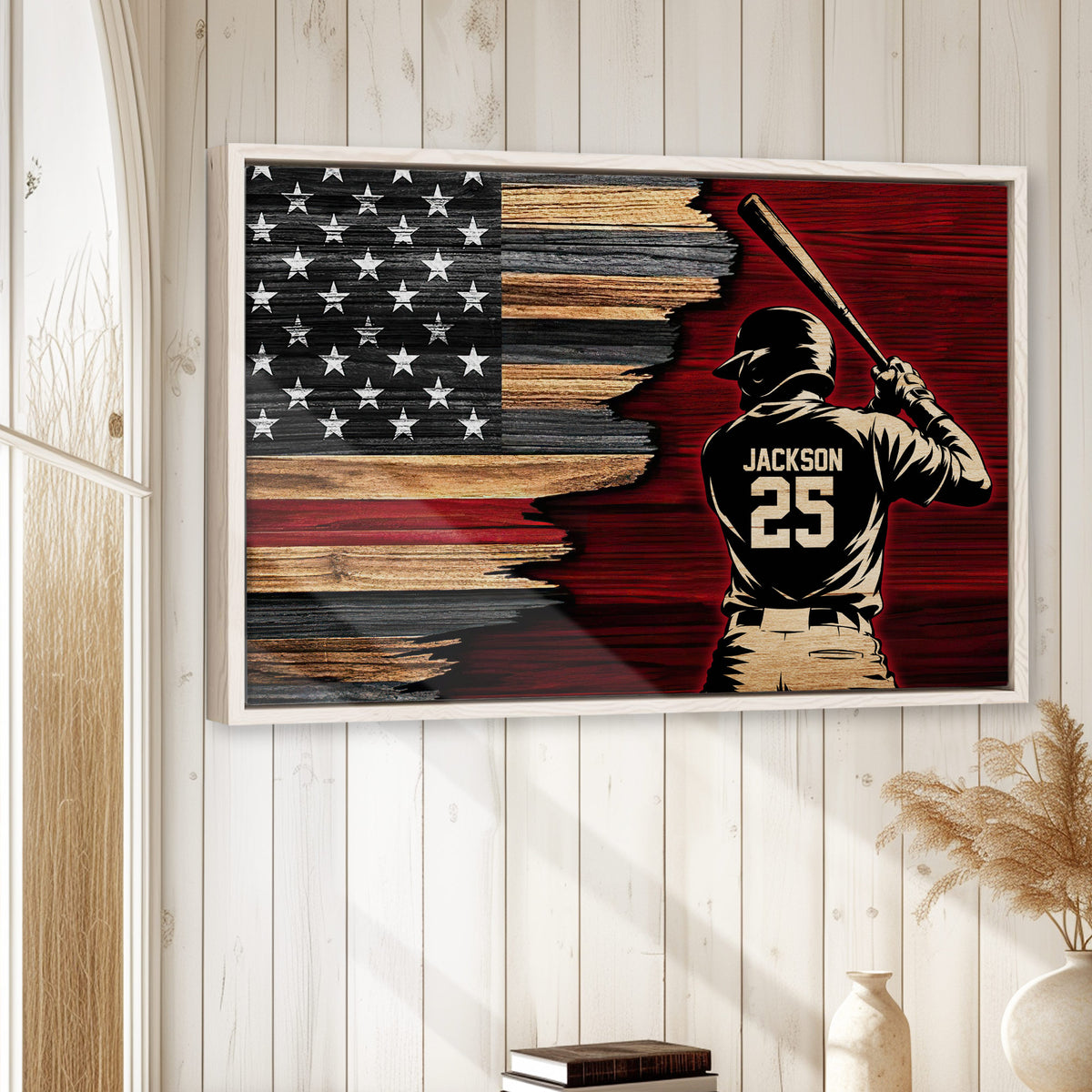 Framed baseball wall art displayed on a light wood-paneled wall in a home interior
