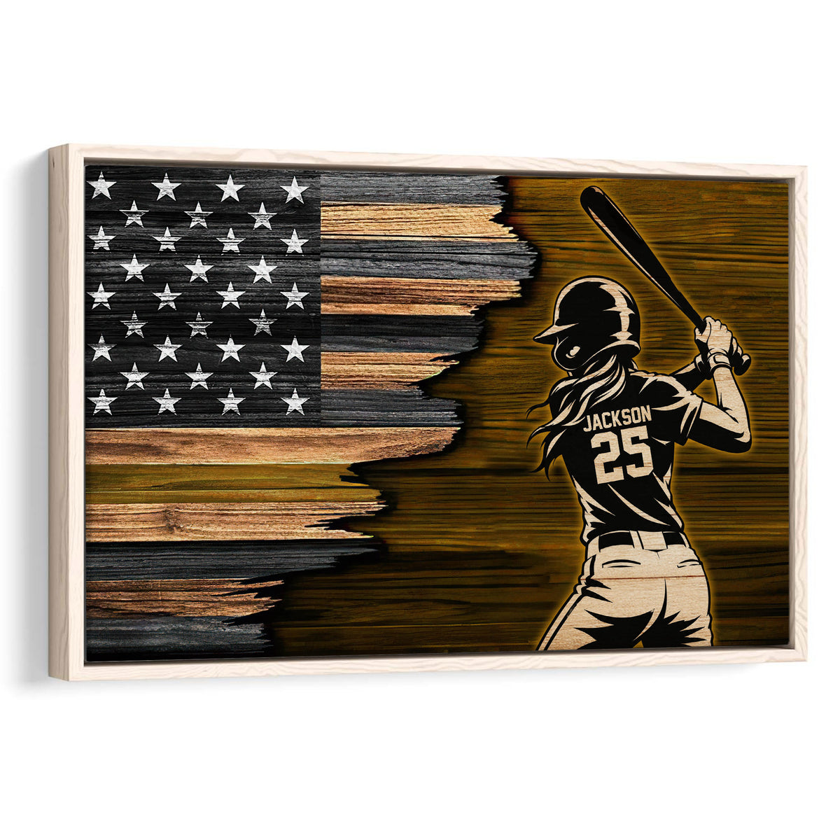 Framed wall art featuring a softball batter silhouette against a distressed American flag wood background