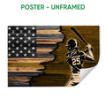 Unframed softball poster showing a batter silhouette, bat, stars, and distressed wood American flag design