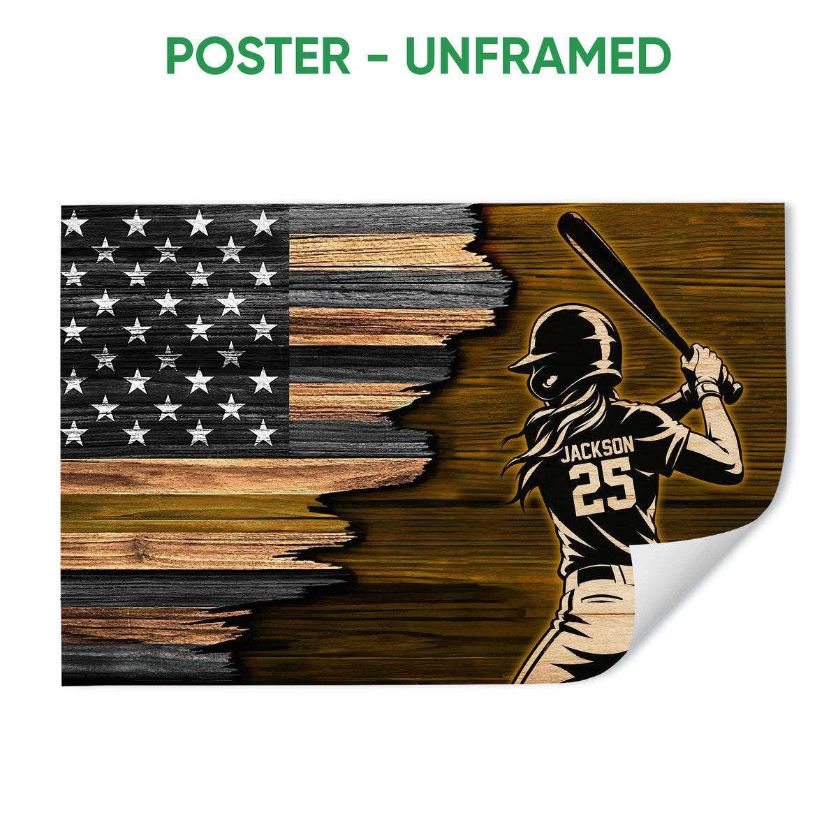 Unframed softball poster showing a batter silhouette, bat, stars, and distressed wood American flag design