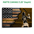 Matte canvas wall art featuring a softball batter and distressed American flag wood background