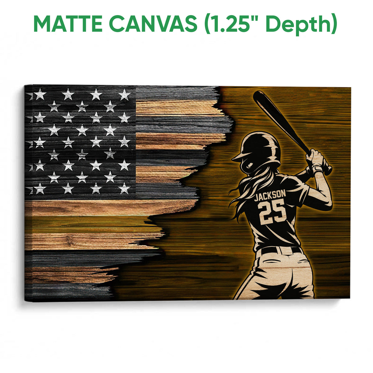 Matte canvas wall art featuring a softball batter and distressed American flag wood background