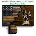 Black framed canvas wall art displaying a softball batter with a bat and rustic flag-inspired artwork