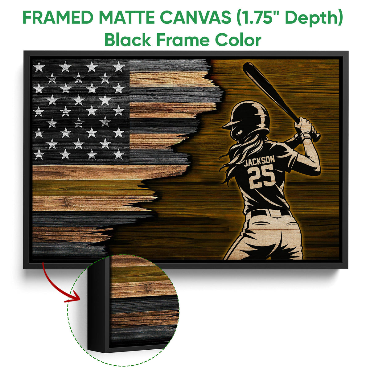Black framed canvas wall art displaying a softball batter with a bat and rustic flag-inspired artwork