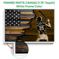 White framed canvas wall art featuring a softball batter and rustic American flag wood design