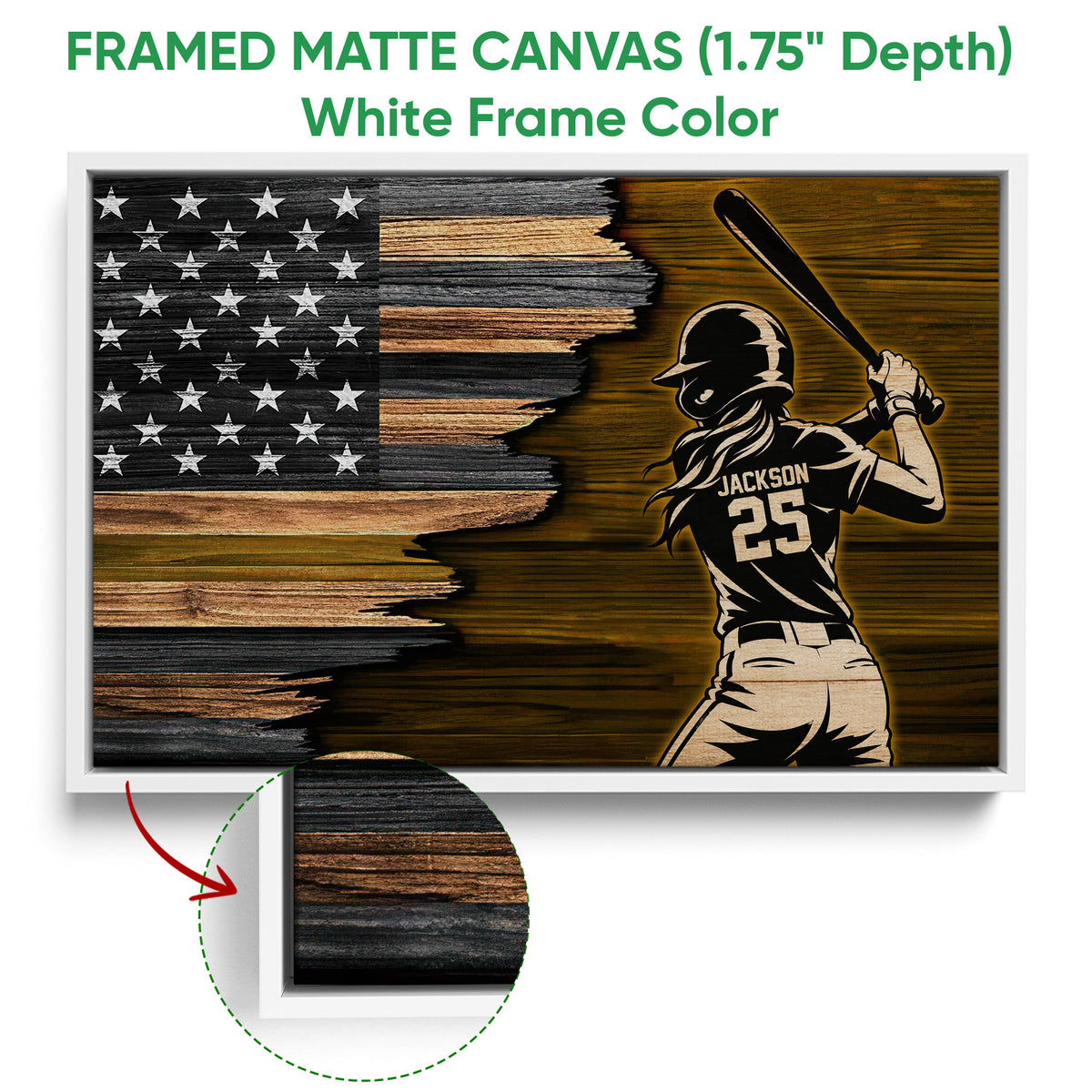 White framed canvas wall art featuring a softball batter and rustic American flag wood design