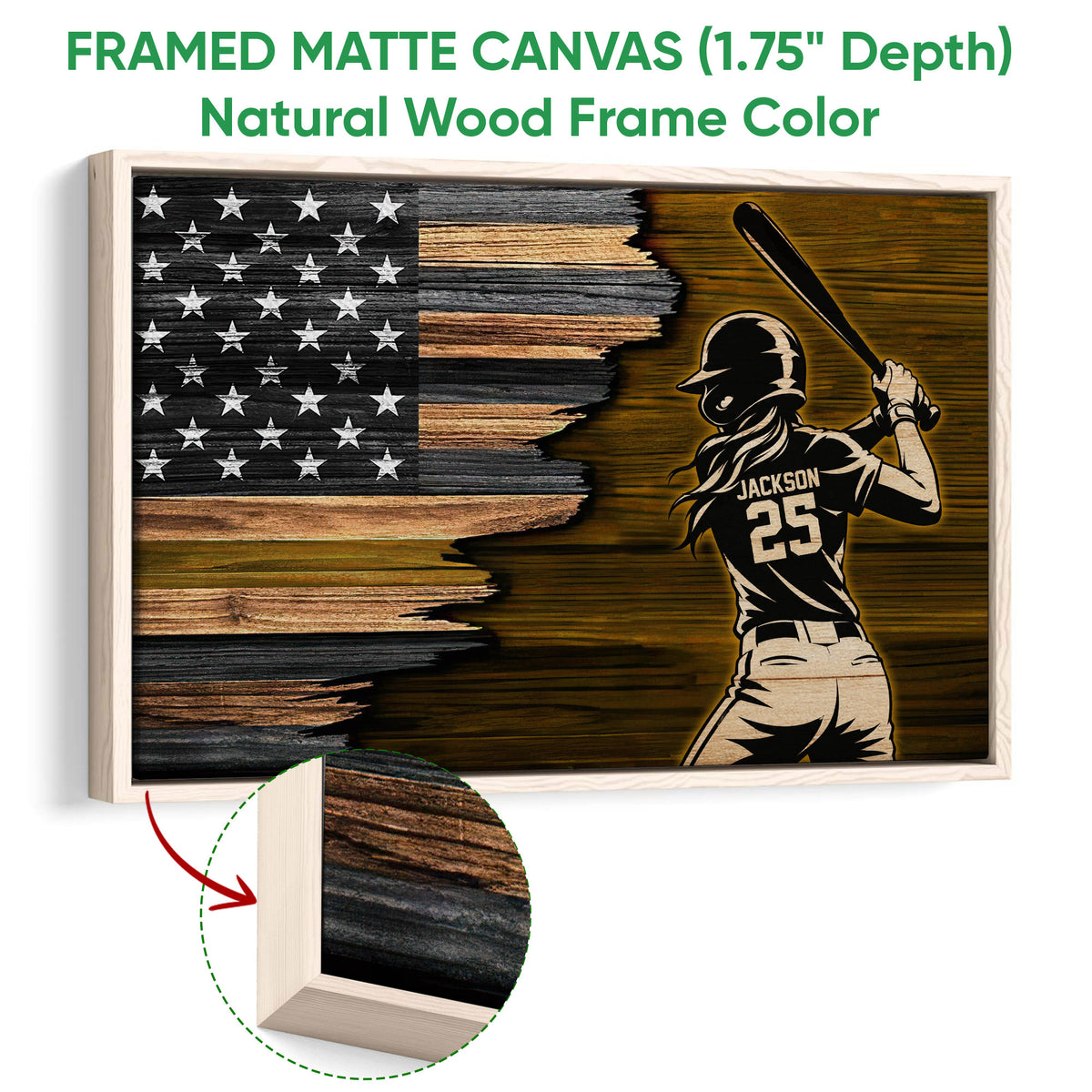 Natural wood framed softball wall art with a batter silhouette and distressed flag-inspired background