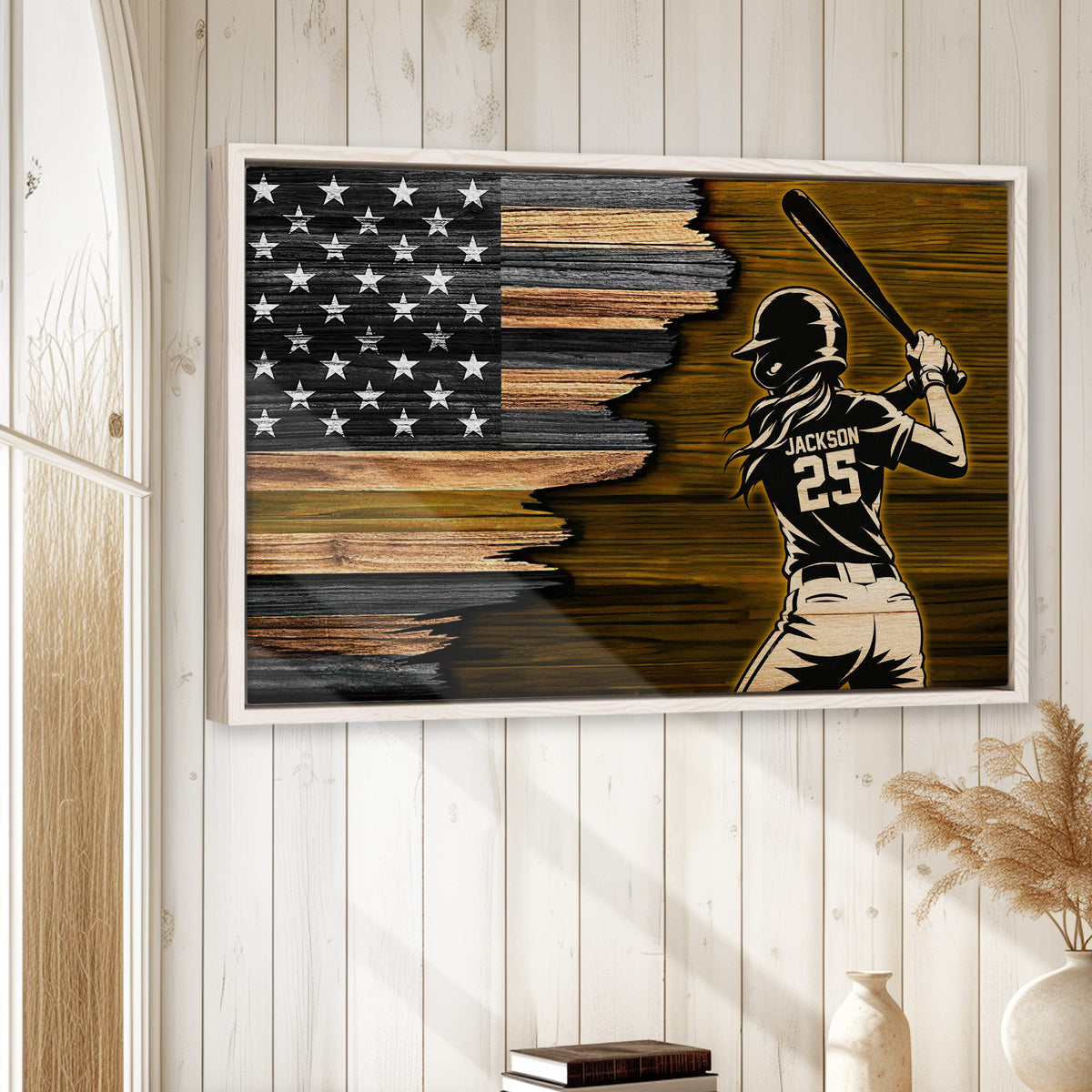 Softball wall art displayed on a light wood-paneled wall in a bright home decor setting