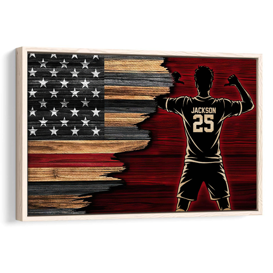 Soccer player wall art with athlete silhouette, distressed American flag, rustic wood texture and bold patriotic sports design