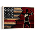 Soccer player wall art with athlete silhouette, distressed American flag, rustic wood texture and bold patriotic sports design