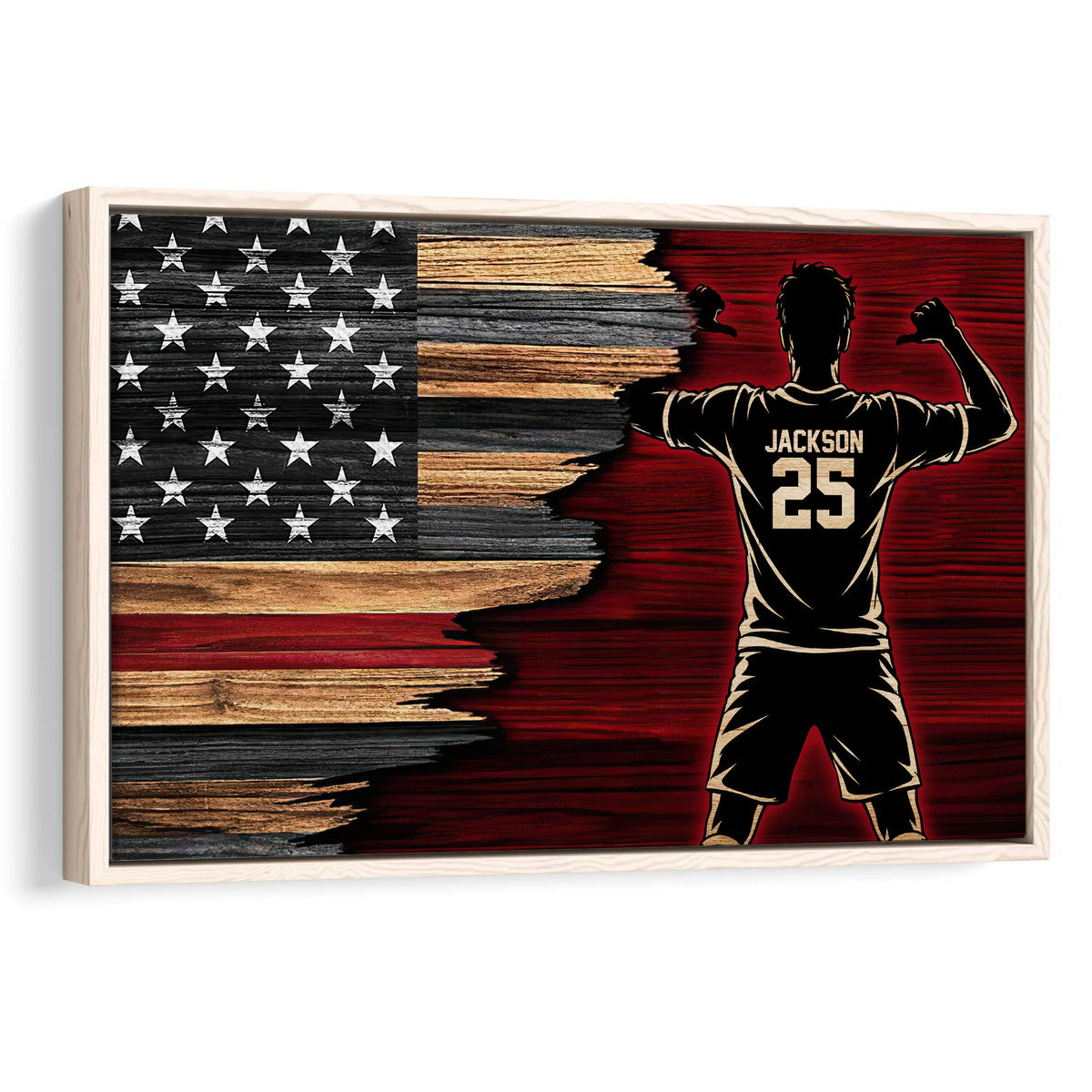 Soccer player wall art with athlete silhouette, distressed American flag, rustic wood texture and bold patriotic sports design