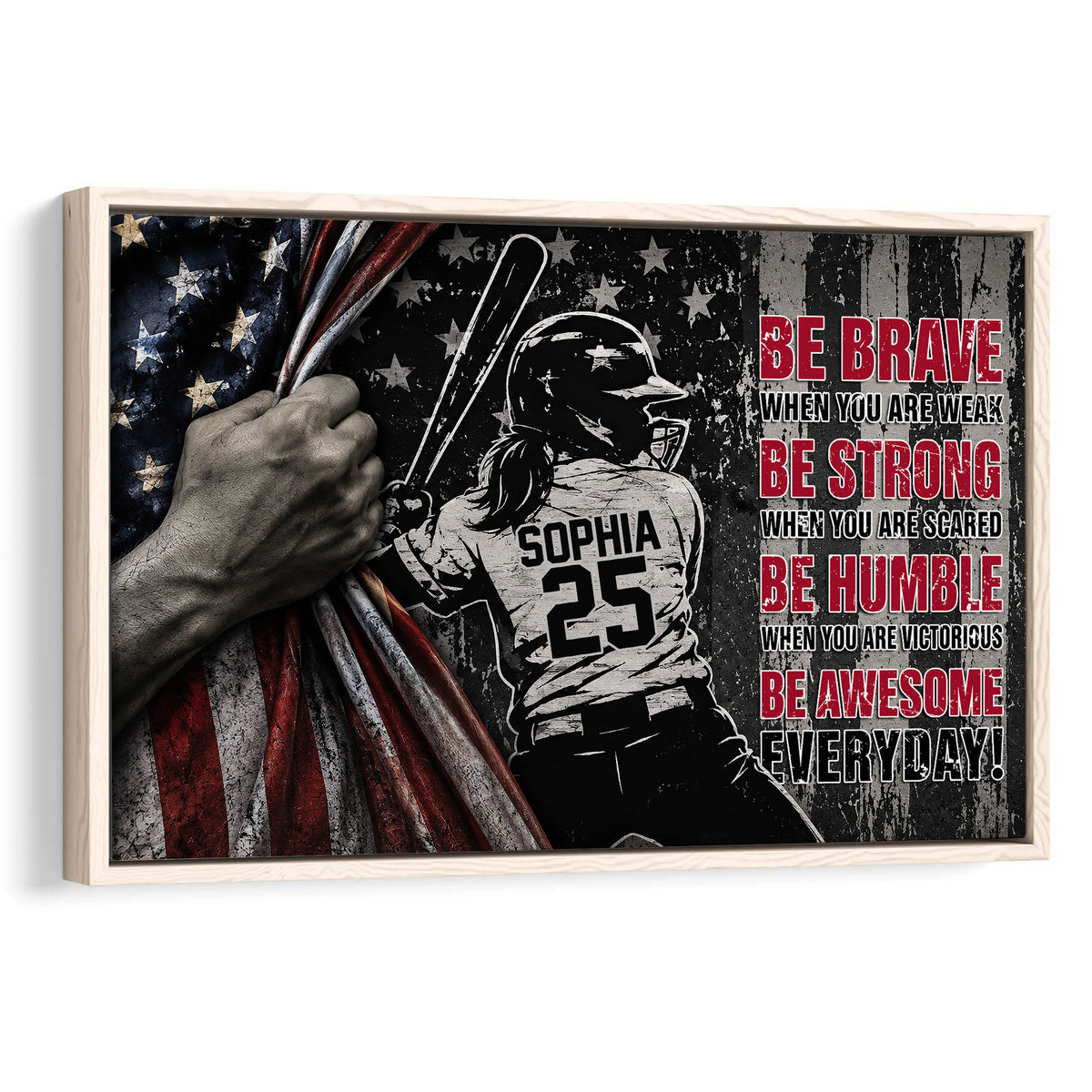 Framed softball wall art featuring a batter against a distressed patriotic background