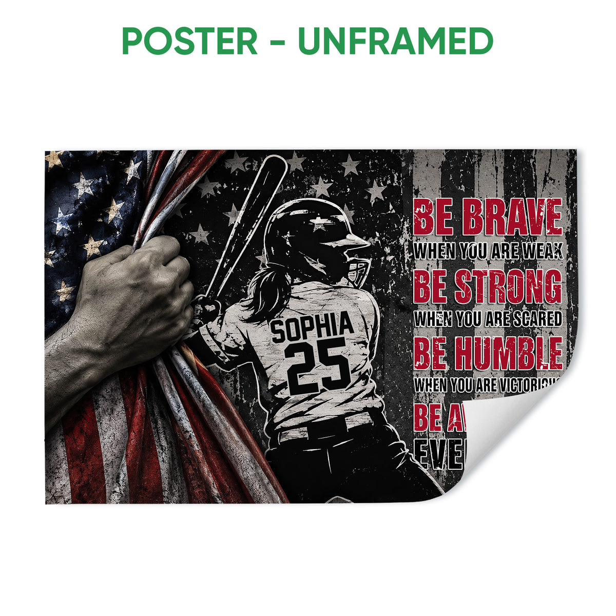 Unframed softball poster featuring a batter, bat, stars, stripes and bold motivational artwork