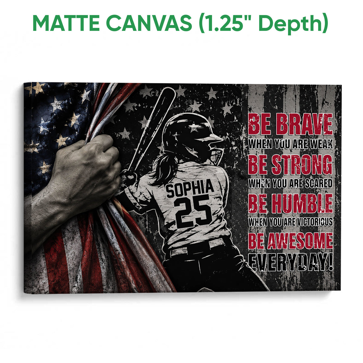 Matte canvas softball wall art with a wrapped edge and distressed red, white and blue design