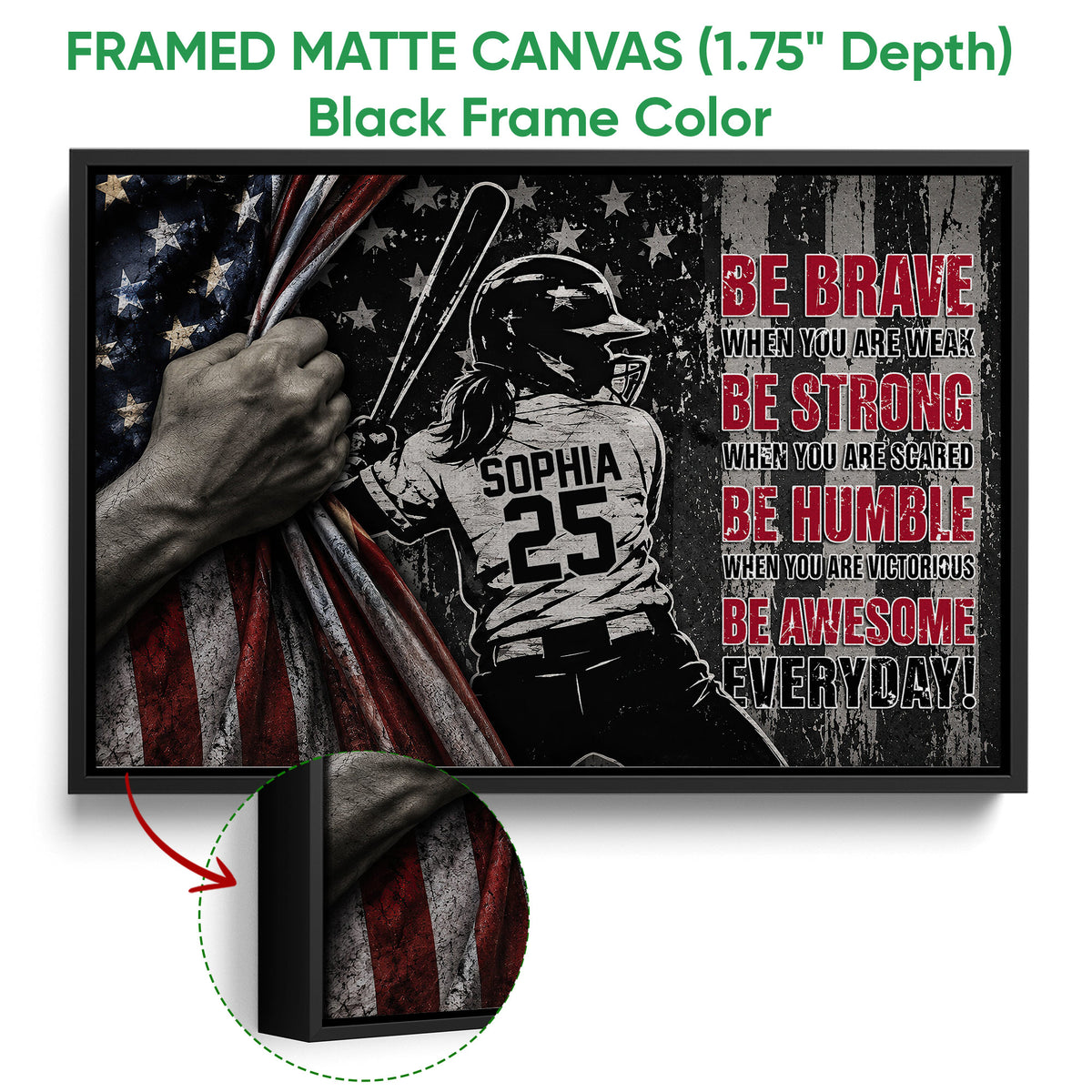 Framed softball canvas wall art shown with a black frame and detailed edge close-up