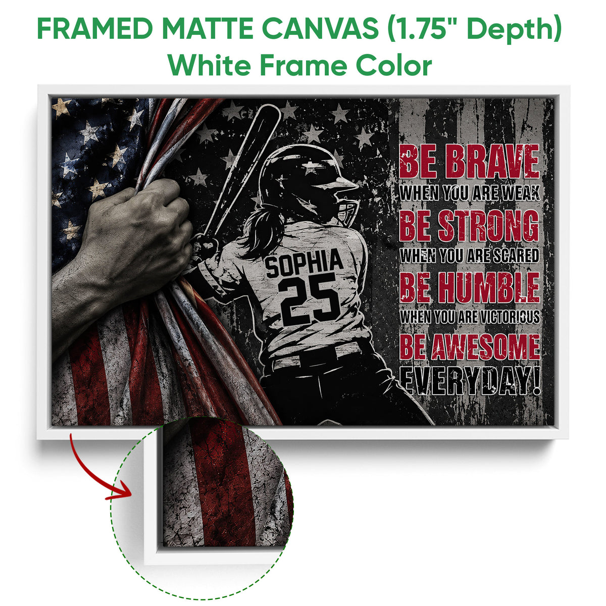 Framed softball canvas wall art shown with a white frame and detailed edge close-up