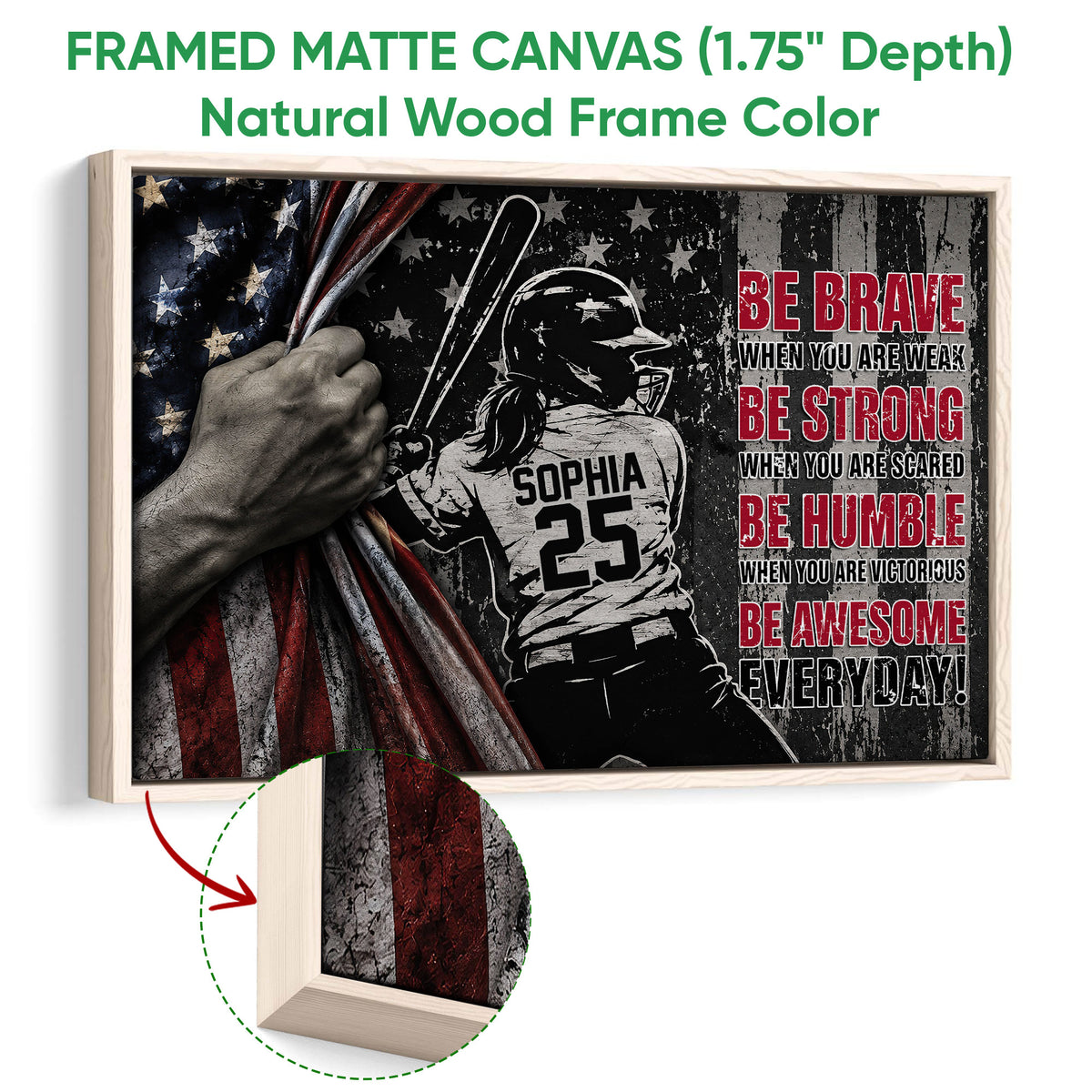 Framed softball canvas wall art shown with a natural wood frame and edge detail