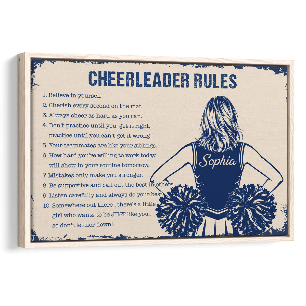 Framed cheerleading wall art with a navy and cream cheerleader rules design