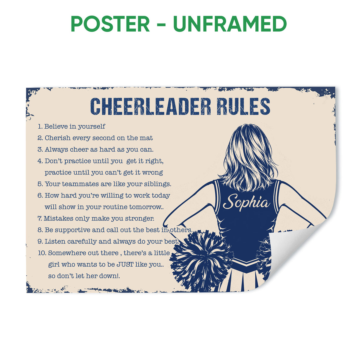Unframed cheerleading poster featuring a navy and cream cheerleader rules design