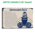 Matte canvas cheerleading wall art with a navy and cream distressed design
