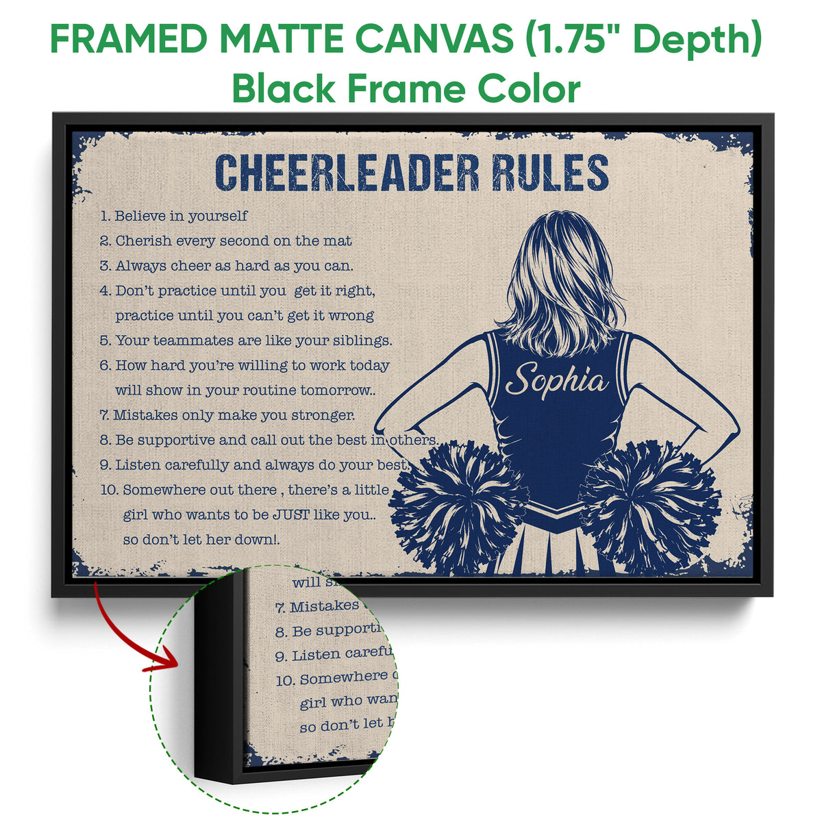 Black framed canvas wall art featuring a navy and cream cheerleader illustration
