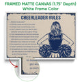 White framed canvas wall art featuring a navy and cream cheerleader design