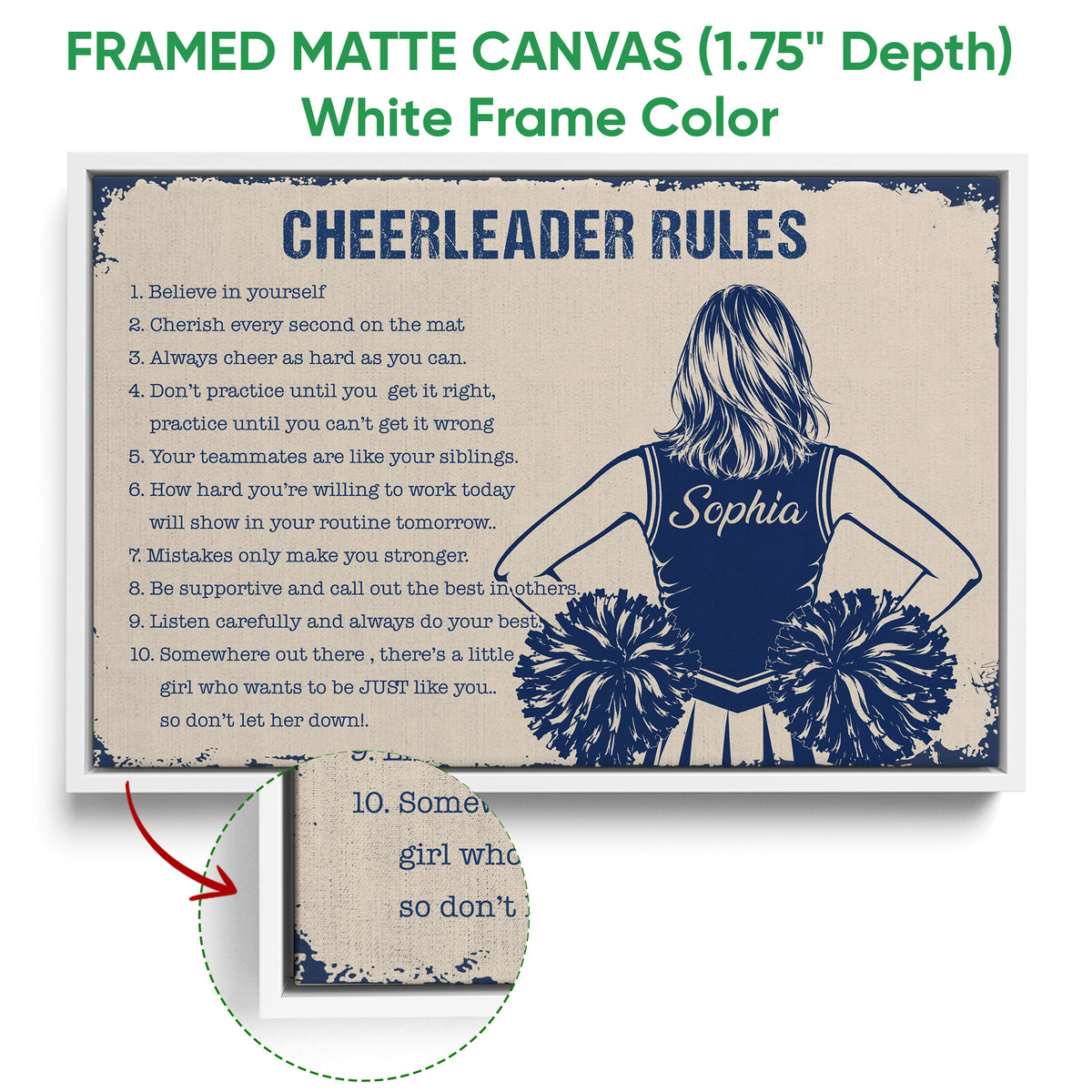 White framed canvas wall art featuring a navy and cream cheerleader design