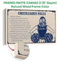 Natural wood framed cheerleading wall art with a vintage-inspired rules design