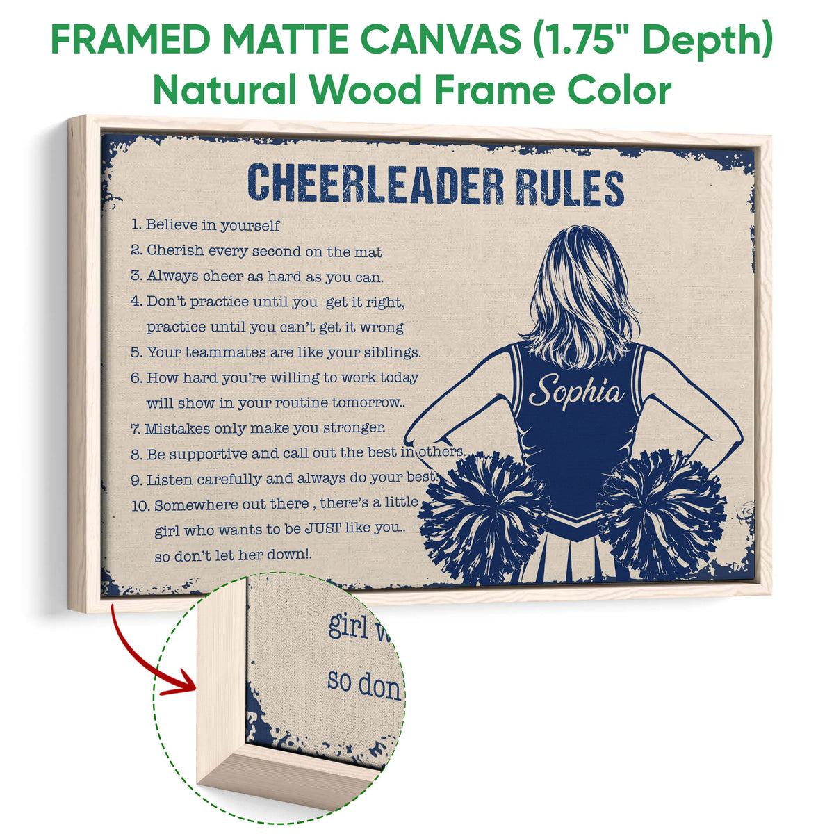 Natural wood framed cheerleading wall art with a vintage-inspired rules design