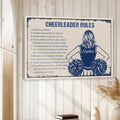 Cheerleading wall art displayed in a bright room with white wood paneling