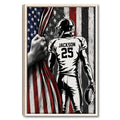 Framed football wall art showing a helmeted player with a football against a distressed American flag