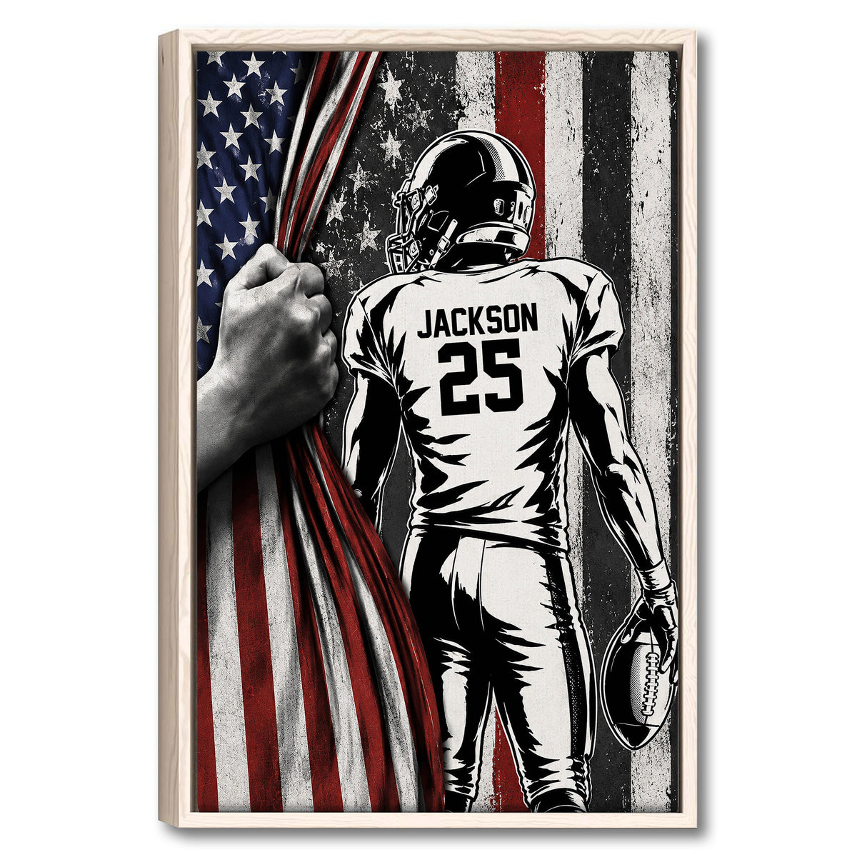 Framed football wall art showing a helmeted player with a football against a distressed American flag