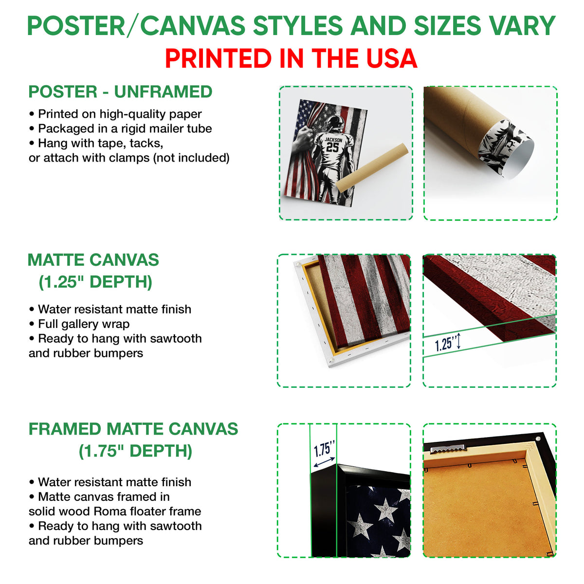 Football wall art option guide showing unframed poster, matte canvas and framed canvas formats