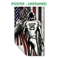 Unframed football poster featuring a helmeted player holding a football before a distressed American flag