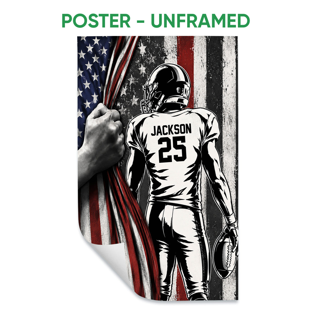 Unframed football poster featuring a helmeted player holding a football before a distressed American flag